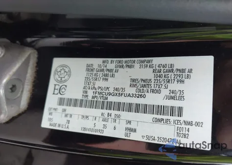 2015 Ford Escape Se из США, поврежденный, VIN 1FMCU9GX5FUA33260